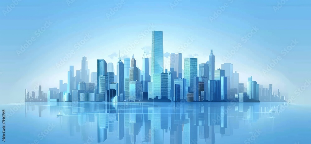 Modern glass buildings background with reflection and city skyline. digital wallpaper for presentation, corporate video or web design