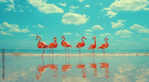 pink flamingos on the beach, reflections in the water. It's a bright sunny summer day