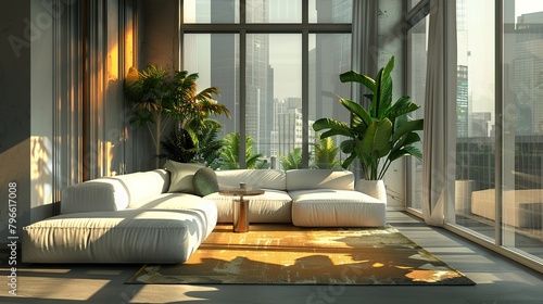 A modern living room with white sofas and large windows.