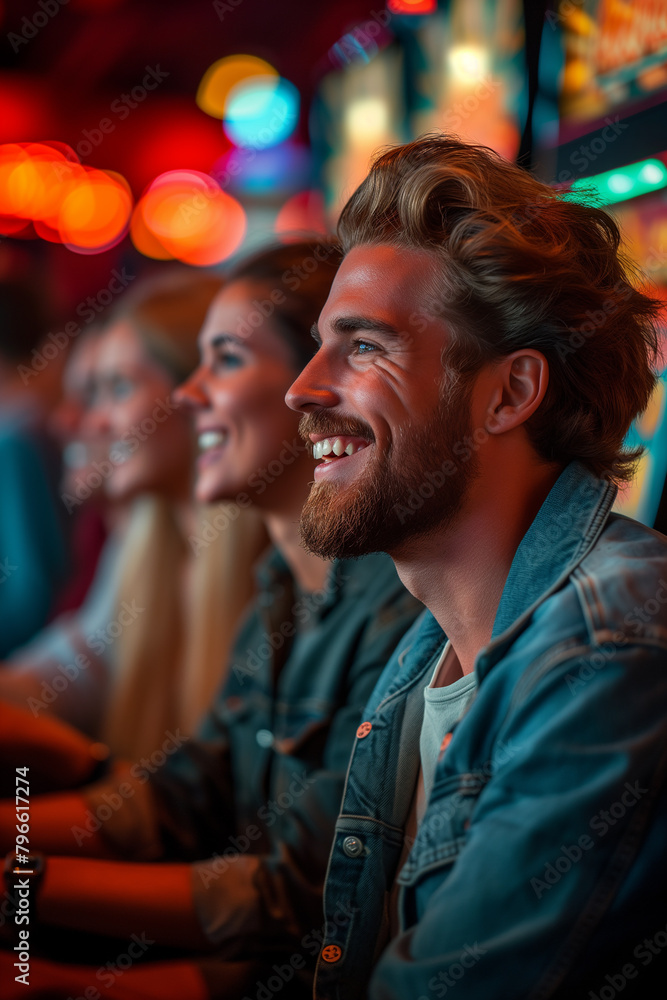A man with a beard and a woman with blonde hair are smiling at a casino. Vacation concept