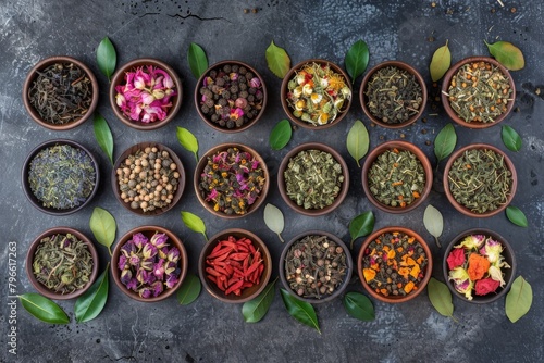 Herbal Tea Mixes Set Top View Flat Lay on Natural Background. Dry Organic Healthy Tea Leaves, Fruits, Flowers