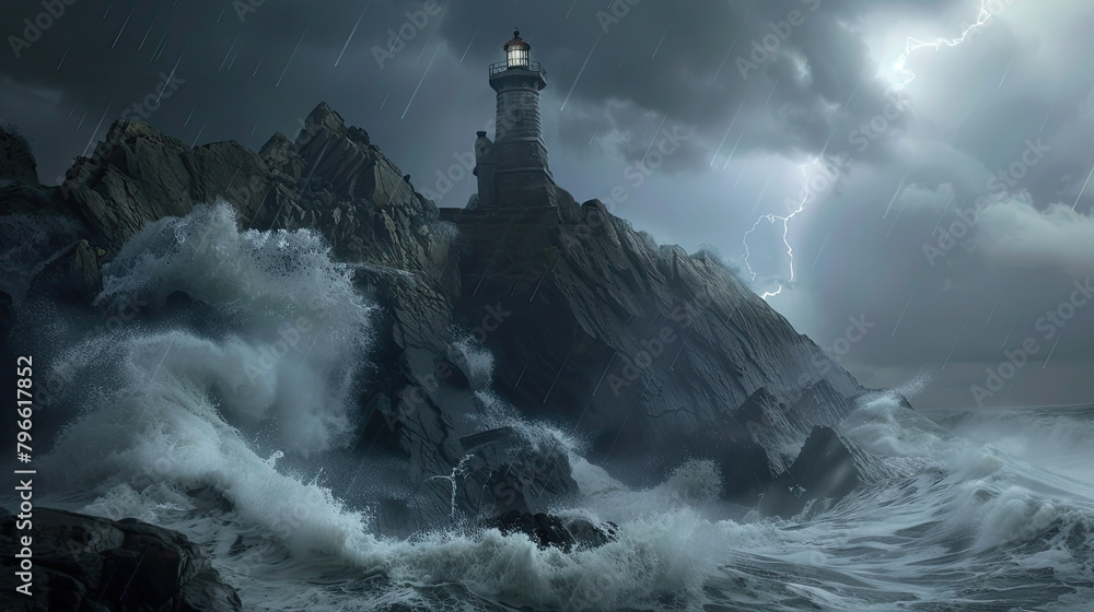 lighthouse standing at a coast, stormy weather