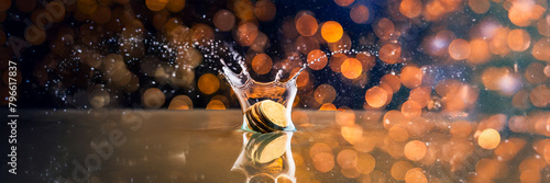 cryptocurrency coin in gold in water explosion with fire in the background photo