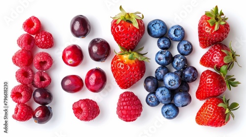 Fresh berries mix, highlighting antioxidants and fiber, top view of strawberries, blueberries, raspberries, and cranberries, isolated, studio lighting