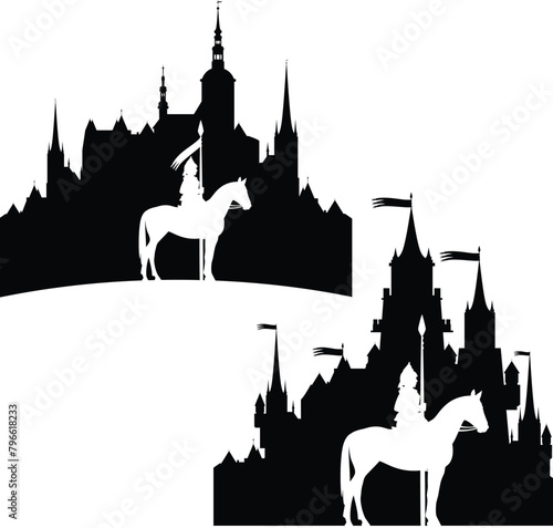 guard knight riding a horse by the medieval castle outline - fairy tale scene design black and white vector silhouette set