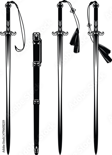 ancient chinese or korean traditional long  sword and scabbard - asian martial arts black and white vector design set