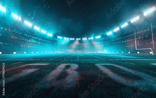 American football arena field with bright stadium lights