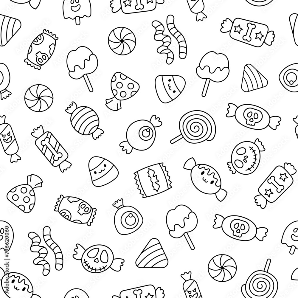Sugar Halloween sweet candies. Seamless pattern. Coloring Page. Funny food. Cartoon caramel suckers. Hand drawn style. Vector drawing. Design ornaments.