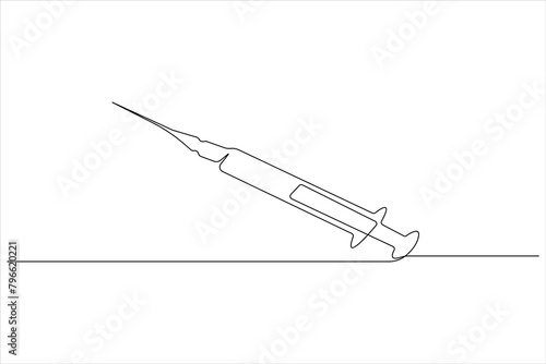  One continuous line drawing of medical disposable plastic syringe with needle applicable for vaccine injection