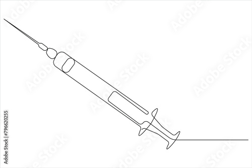  One continuous line drawing of medical disposable plastic syringe with needle applicable for vaccine injection