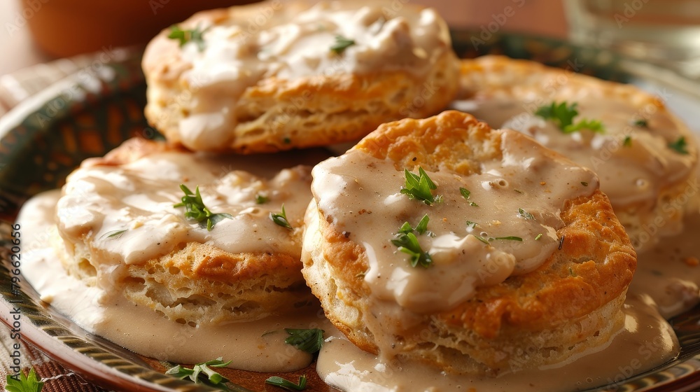 Fiber-rich whole wheat biscuits served with chicken sausage gravy made from reduced-fat milk, less oil, isolated background, studio lit scene Fiber-rich whole wheat biscuits served with chicken sausage gravy made from reduced-fat milk, less oil, isolated background, studio lit scene