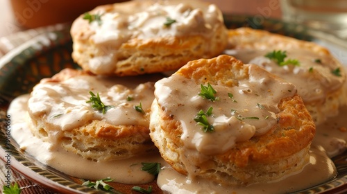 Fiber-rich whole wheat biscuits served with chicken sausage gravy made from reduced-fat milk, less oil, isolated background, studio lit scene