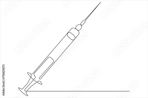  One continuous line drawing of medical disposable plastic syringe with needle applicable for vaccine injection