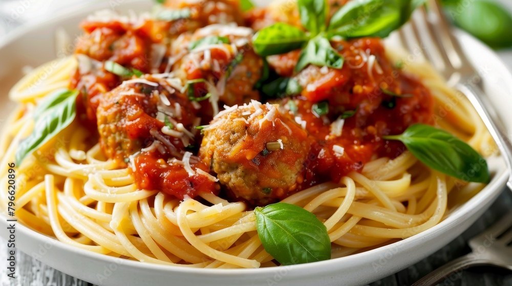 Elegant top view spaghetti with chicken meatballs, whole grain pasta and a rich homemade vegetable tomato sauce, perfect for health-conscious food ads, isolated Elegant top view spaghetti with chicken meatballs, whole grain pasta and a rich homemade vegetable tomato sauce, perfect for health-conscious food ads, isolated