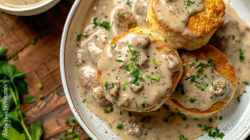 Elegant top view shot of Biscuits and Sausage Gravy with a health twist, using whole wheat biscuits, lean meat, and milk alternative for gravy, isolated set-up