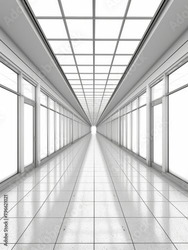 A long, empty hallway with white walls and white tile flooring. The hallway is illuminated by a series of windows, which create a sense of openness and spaciousness