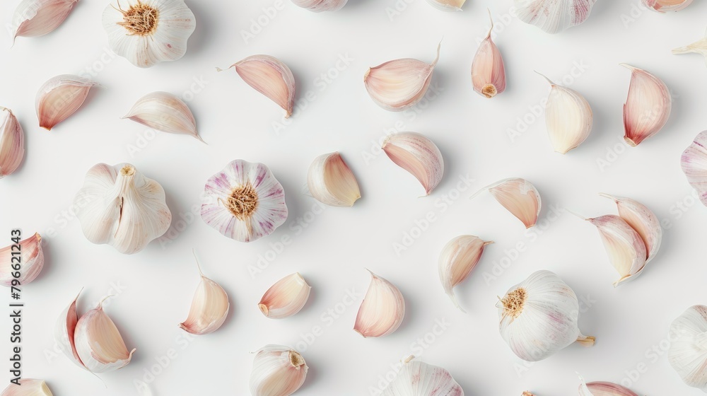 Elegant top view of garlic cloves, subtly illustrating their role in immune support and heart health, on a pristine white background, studio lighting Elegant top view of garlic cloves, subtly illustrating their role in immune support and heart health, on a pristine white background, studio lighting