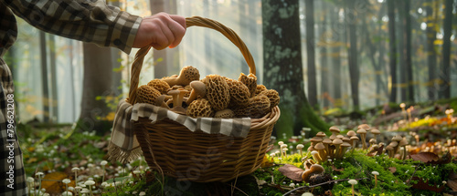 hand holding a basket filled with morel mushrooms at the forest photo