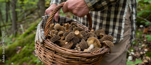 hand holding a basket filled with morel mushrooms at the forest photo