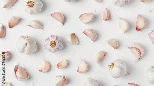 Elegant top view of garlic cloves, subtly illustrating their role in immune support and heart health, on a pristine white background, studio lighting