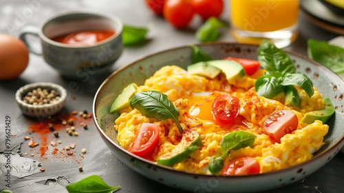 scrambled egg with tomatoes basil leaves avocado slices chili flakes and a glass of orange juice