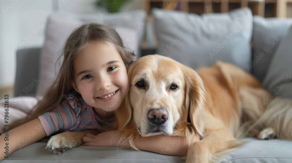 little girl with her big labrador puppy dog