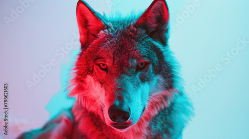 rontal view of a grim looking sicilian wolf on white background, ethereal, dreamcore a vertifcal neon red light , professional color grading