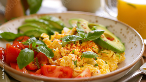 scrambled egg with tomatoes basil leaves avocado slices chili flakes and a cup of coffe and a glass of orange juice