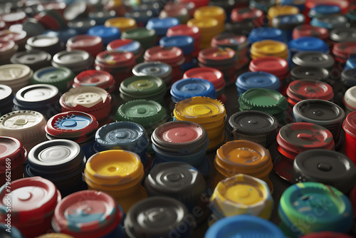An array of colorful plastic bottle caps arranged neatly, promoting recycling and eco-friendly practices.