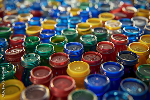 An array of colorful plastic bottle caps arranged neatly  promoting recycling and eco-friendly practices.