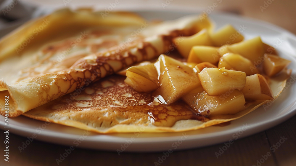 big stack of freshly made crêpes cubes of caramel apples big stack of freshly made crêpes cubes of caramel apples