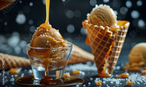 salty caramel icescream scoops in igecream cones with melted salty caramel syrup photo
