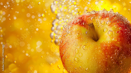 apples are submerged in cider comercial photo of cider producing with an apple and yellow sparkling soda © Erzsbet