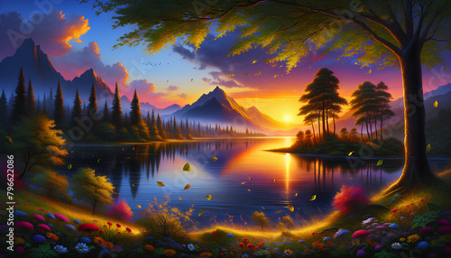  Majestic Sunset Over Tranquil Lake, Vibrant Sky and Autumn Foliage, Serene Nature Scene with Copy Space