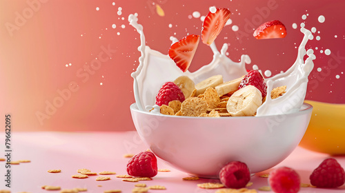 cornflakes and strawberry and banana slices with splashing milk in a bowl with light pink background and raspberries arround