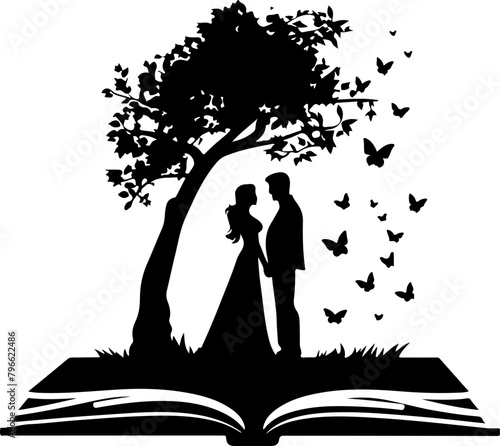 Silhouette of a couple under a tree with butterflies, a storybook-like image for romantic and wedding use