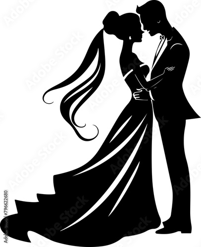 Elegant silhouette of a bride and groom in a romantic pose, perfect for wedding invitations and decor