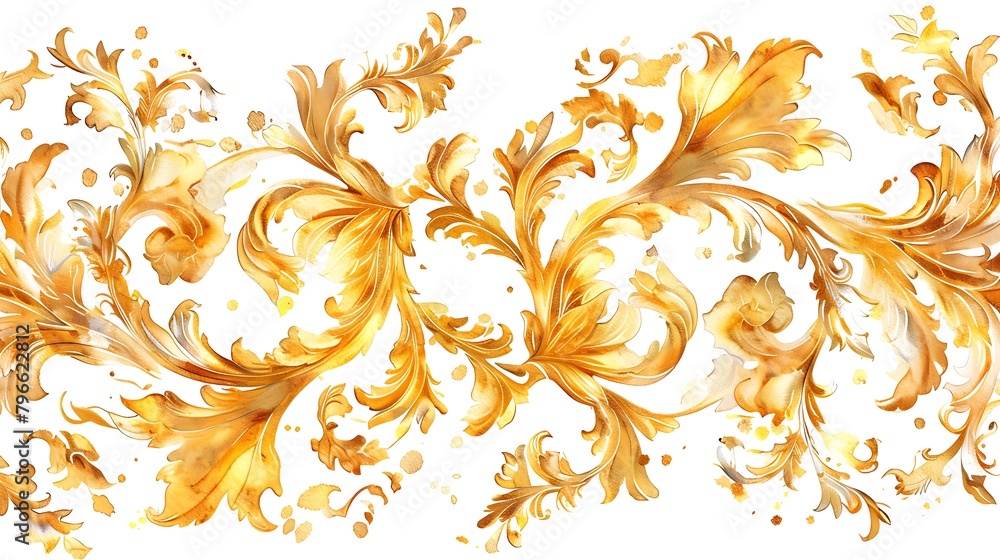  watercolor ornate baroque scrollwork elements, gold on white background