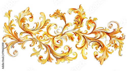 watercolor, golden baroque scrollwork, clip art on white background 