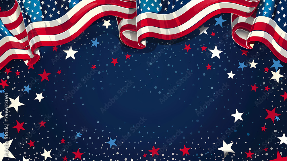 USA independence day banner with waving flag and stars, perfect for 4th of July celebrations, patriotic events and American themed promotions
