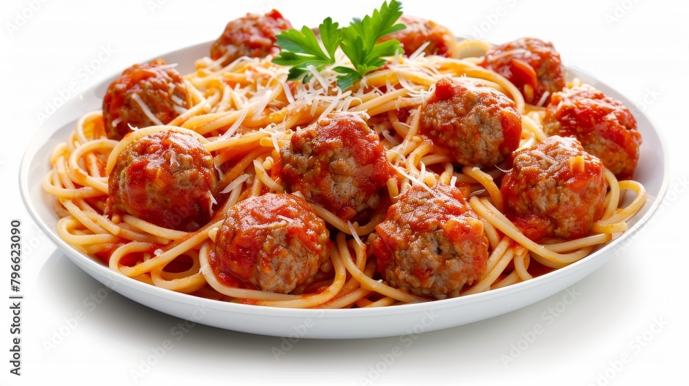 Elegant presentation of Spaghetti and Meatballs, with whole wheat noodles, turkey meatballs, and nutrient-packed tomato sauce, on an isolated background Elegant presentation of Spaghetti and Meatballs, with whole wheat noodles, turkey meatballs, and nutrient-packed tomato sauce, on an isolated background