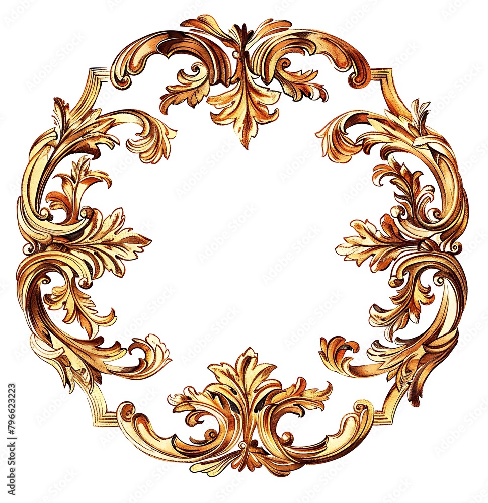 A square golden Baroque ornament with acanthus leaves, isolated on a white background,