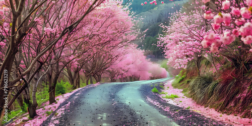 Pink blossom trees and road. AI generated.	 photo