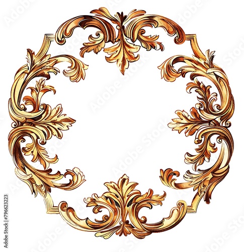 A square golden Baroque ornament with acanthus leaves, isolated on a white background,