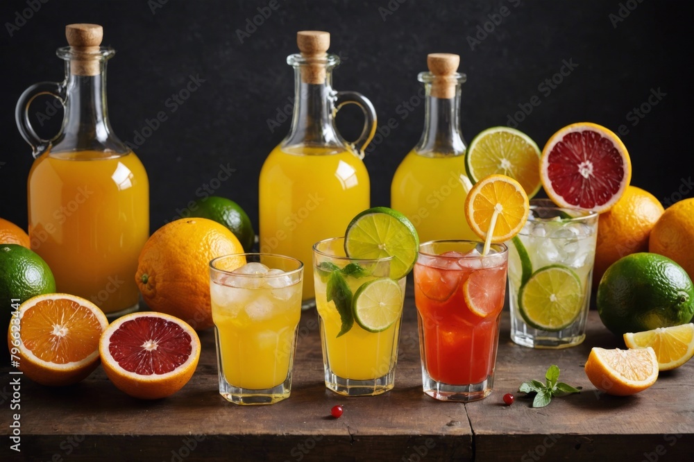 Fototapeta premium Assorted homemade citrus liquors, lemon, meyer lemon, blood orange and lime.