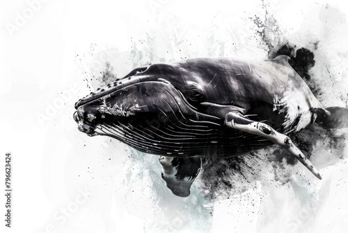majestic northern right whale illustration in black and white with watercolor splashes for ocean conservation, endangered species animal photo