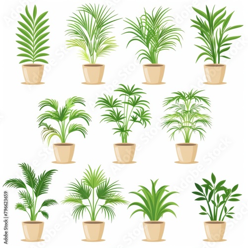 Parlor Palm (Chamaedorea Elegans, Neanthe Bella Palm) Pot Plant Icon Set, Parlor Palm Plant Flat Design