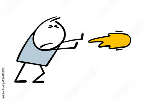 Stickman attacks, sends a fireball at the enemy. Vector illustration of wizards and a magical battle.  Cartoon psychological attack on the interlocutor. Isolated character on white background.