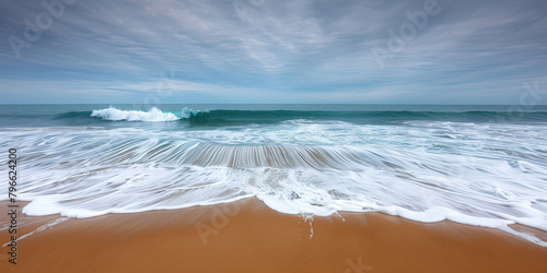 The ocean is calm and the sky is cloudy. The waves are small and the water is a light blue color