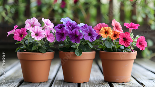 Summer flowers in a garden ,Vibrant Potted Garden Blooms ,Beautiful petunia flowers in plant pots outdoors